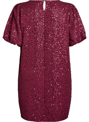 Zizzi Kort paljettkjole med puffede ermer, Mørk Bordeaux, Packshot image number 1