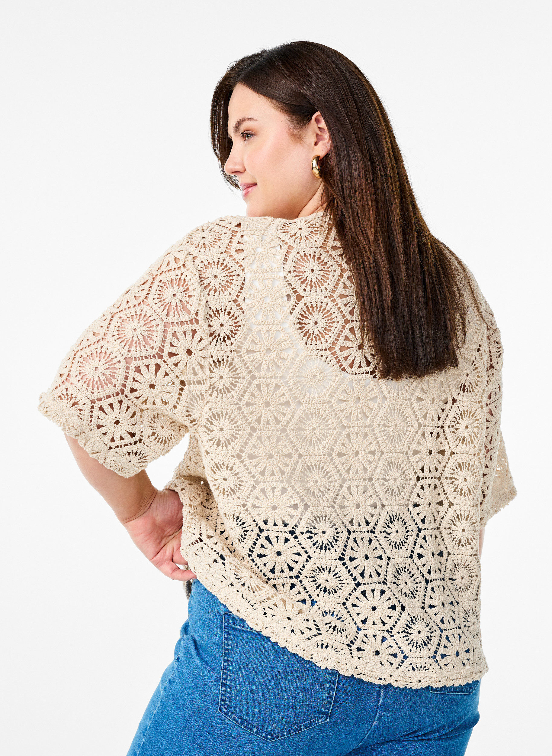 Zizzi Heklet cardigan med korte ermer, Beige, Model image number 2