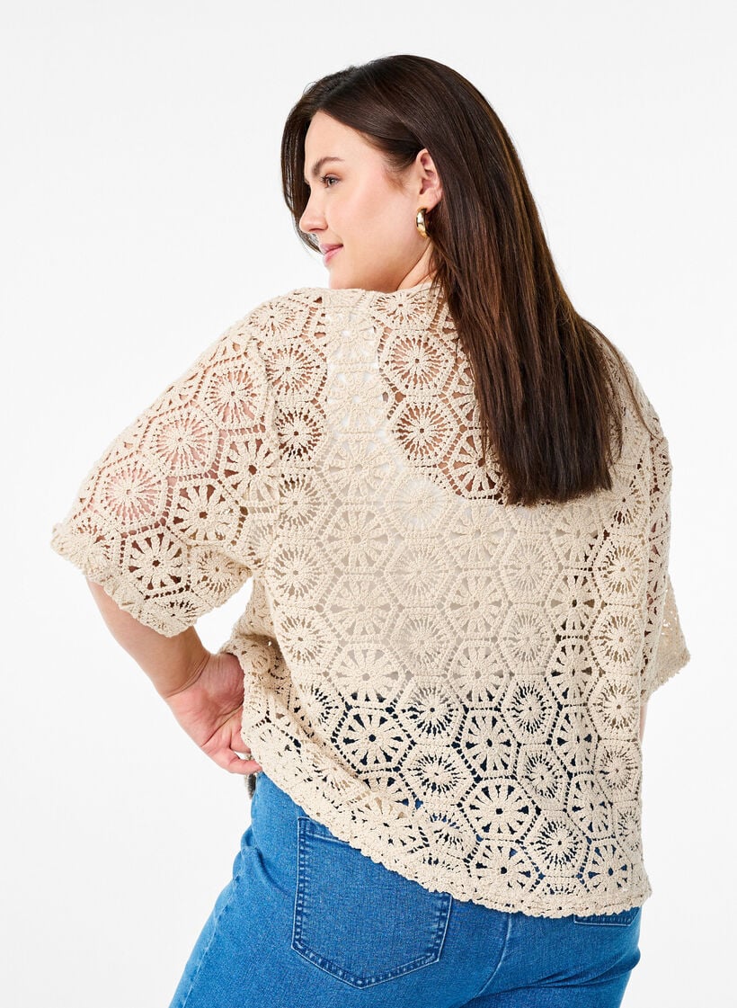 Heklet cardigan med korte ermer, Beige, Model image number 2