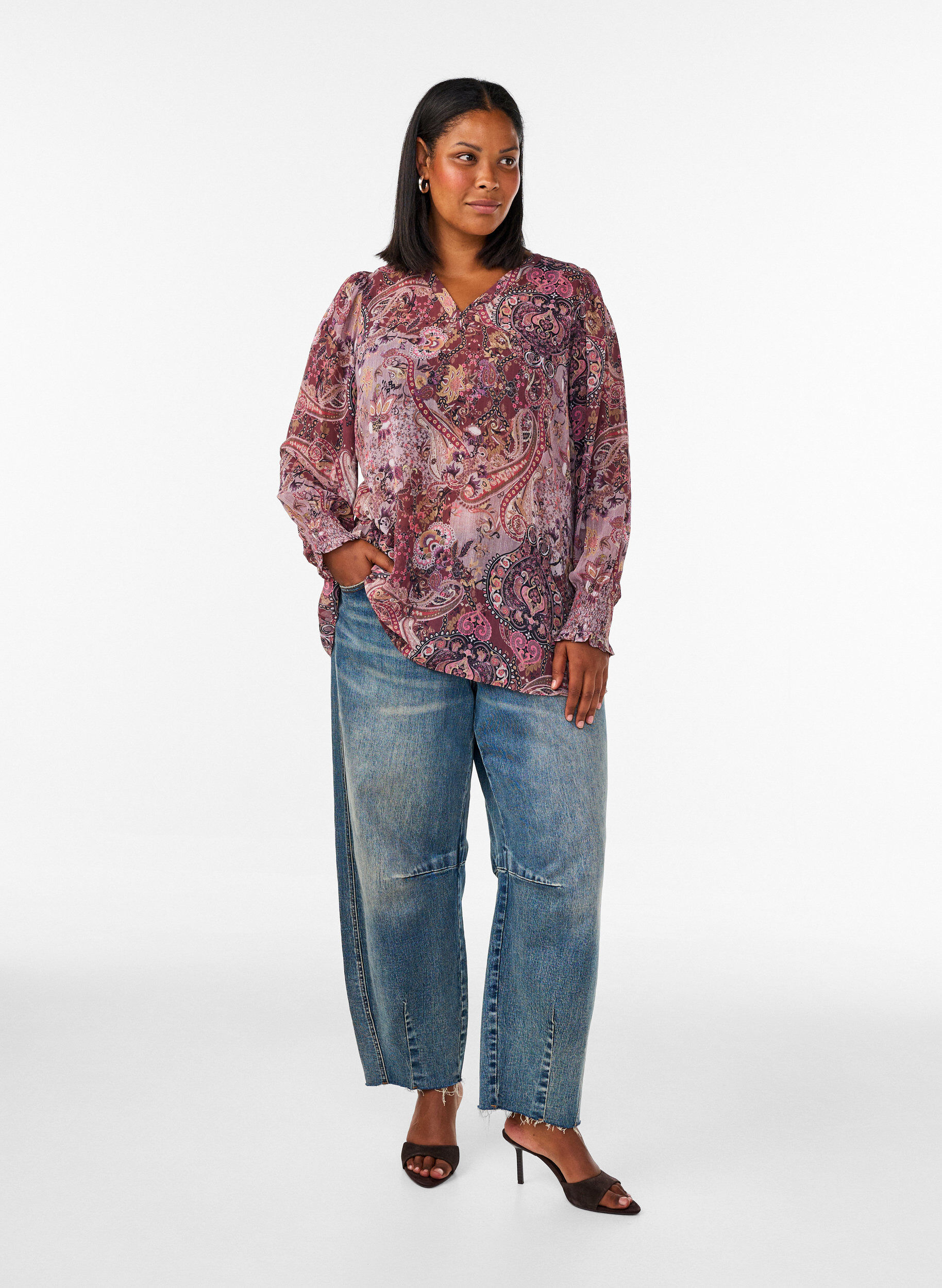 ZizziTunikakjole med paisleytrykk og smockede mansjetter, Rosa, Model image number 1