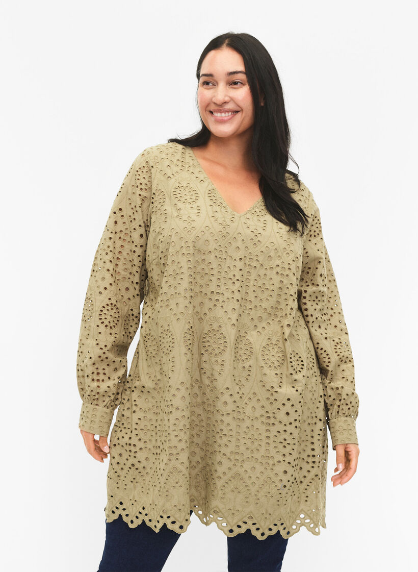 Bomullstunika med broderi anglaise, Coriander, Model image number 0