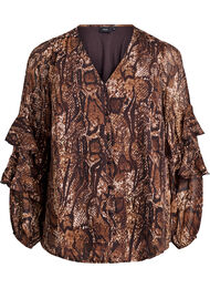 Bluse med dyretrykk og volanger, Brown Snake AOP