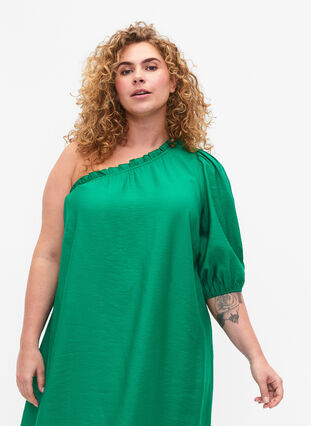 One-shoulder kjole av viskose, Deep Mint, Model image number 2