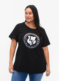 T-skjorte av økologisk bomull med mønster , Black W. Silver LA, Model