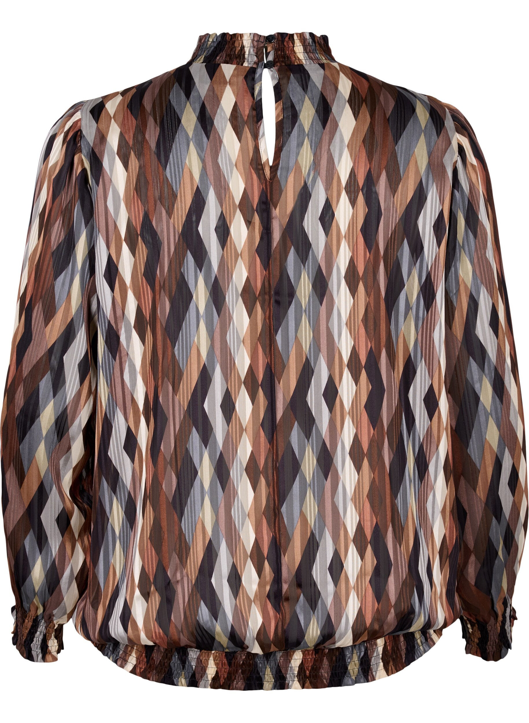 Zizzi M&oslash;nstrete bluse med smock, Earthy Zig Zag, Packshot image number 1