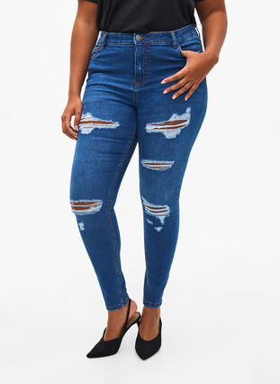 Slim-fit jeans med slitte detaljer, Blue Denim, Model image number 2