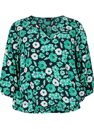 Blomstrete bluse i viskose med smock, Green Flower AOP, Packshot image number 0