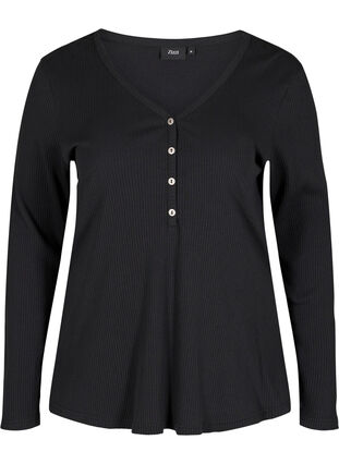 Langermet bluse i ribb med knappedetaljer, Black, Packshot image number 0