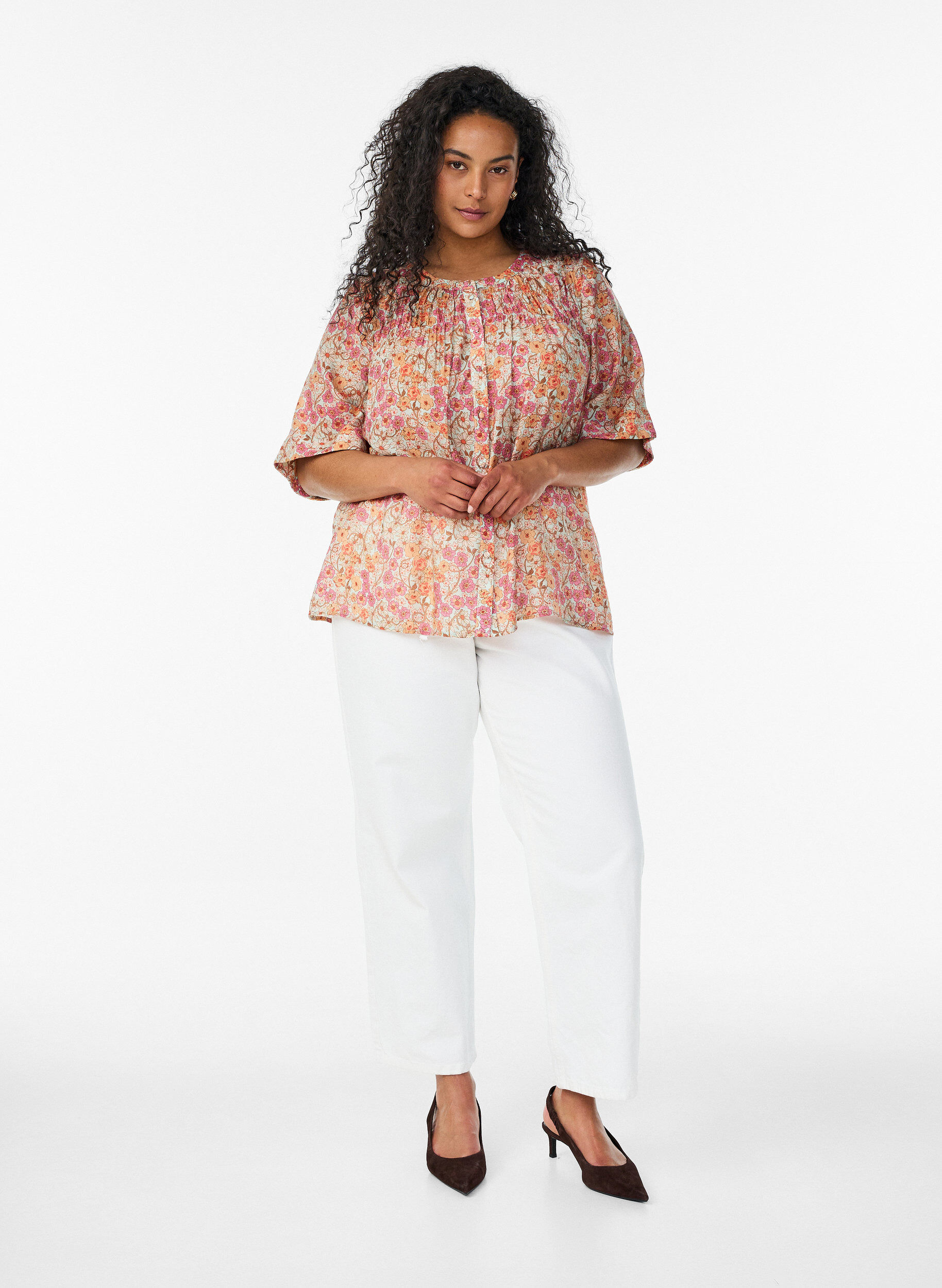 ZizziBluse i viskose med blomstertrykk, Orange, Model image number 1