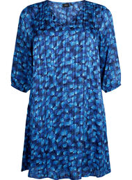 Trykt kjole med v-utringning og 3/4-ermer, Navy Blazer Leaf AOP