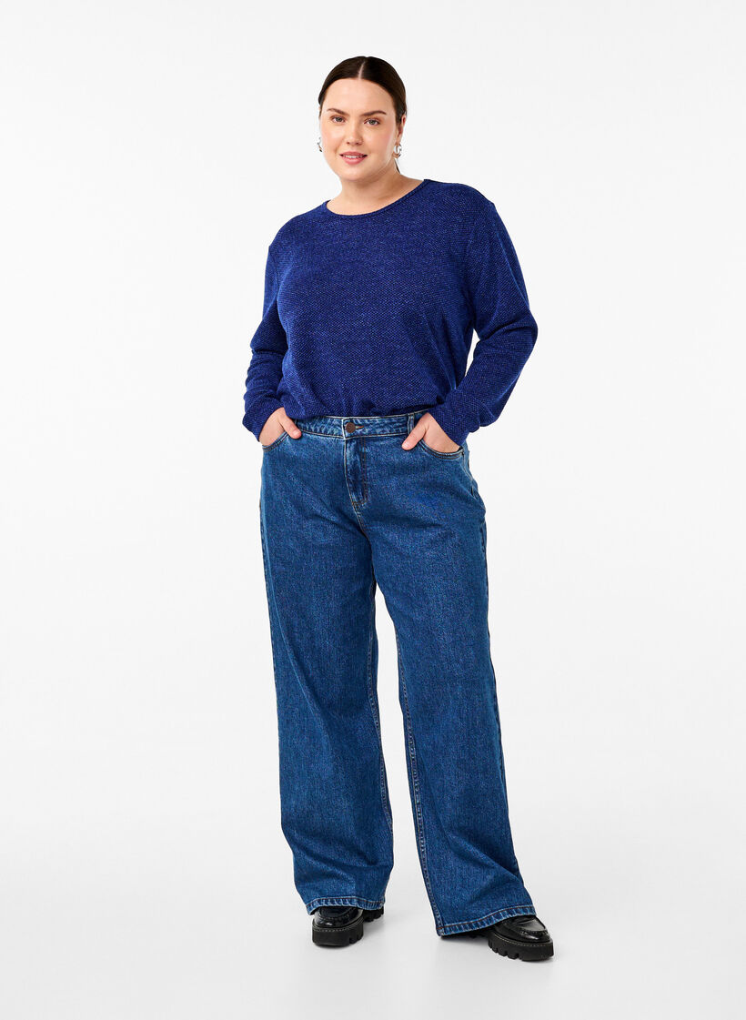 Melange Bluse med rund hals og lange ermer, Sodalite Blue, Model image number 2