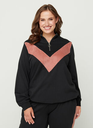 Høyhalset sweatshirt med glidelås, Black w. Burlwood, Model image number 0