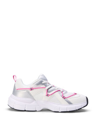 Sneakers med bred passform og kontrastfarget knyting, White w. Pink, Packshot image number 0