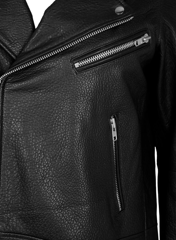 Bikerjakke i skinn med lommer, Black, Packshot image number 2