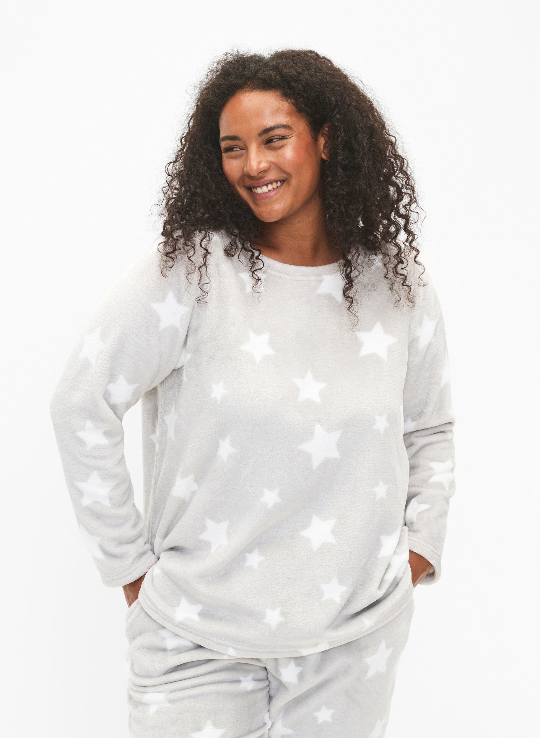 Zizzi Langermet bluse med stjerner, Grey Star, Model image number 0