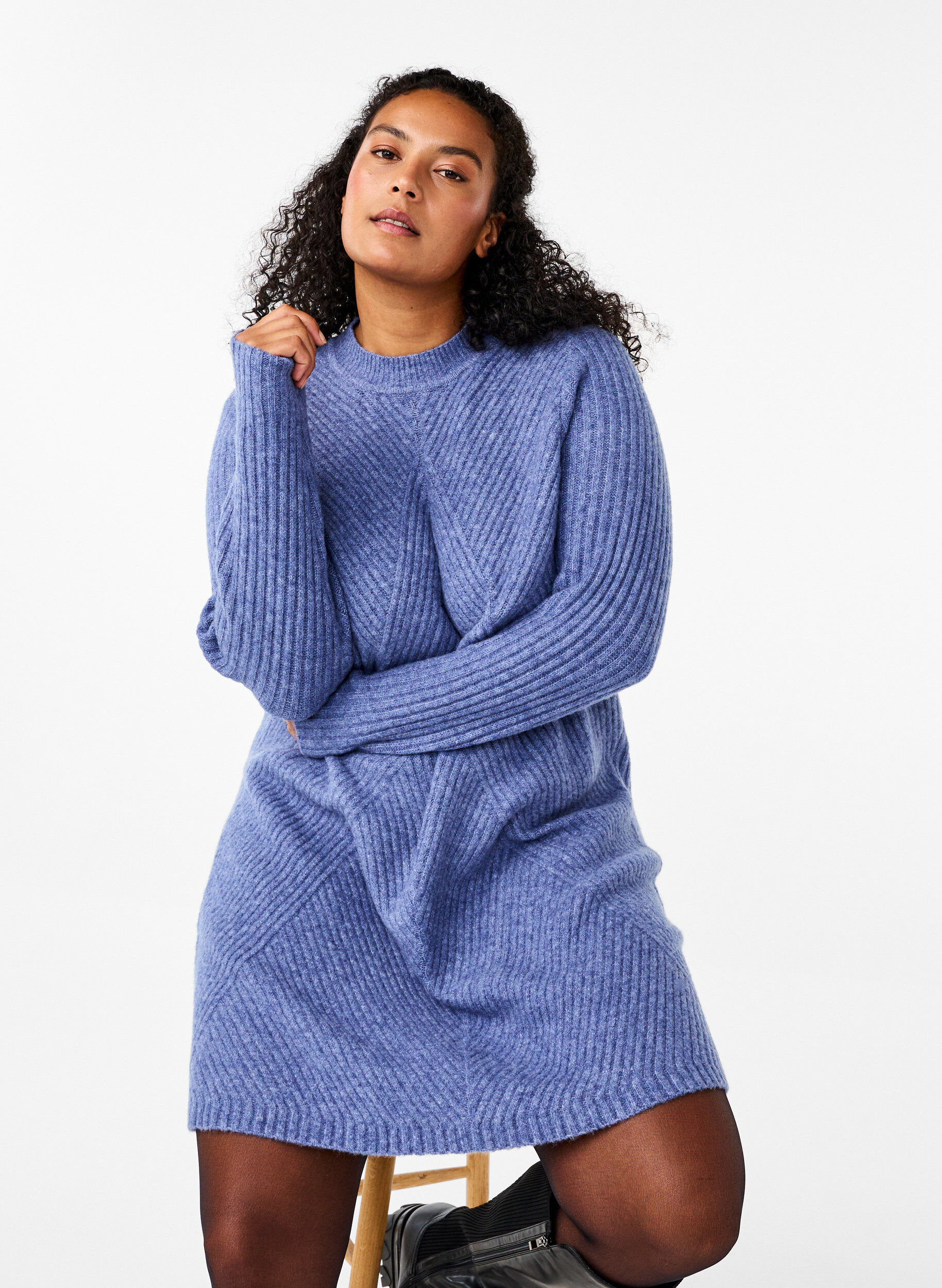 Zizzi Kort ribbestrikket kjole med rund hals, Grey Blue Mel., Image image number 0