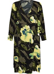 Omslagskjole med blomster i viskose med et knytebelte, Svart