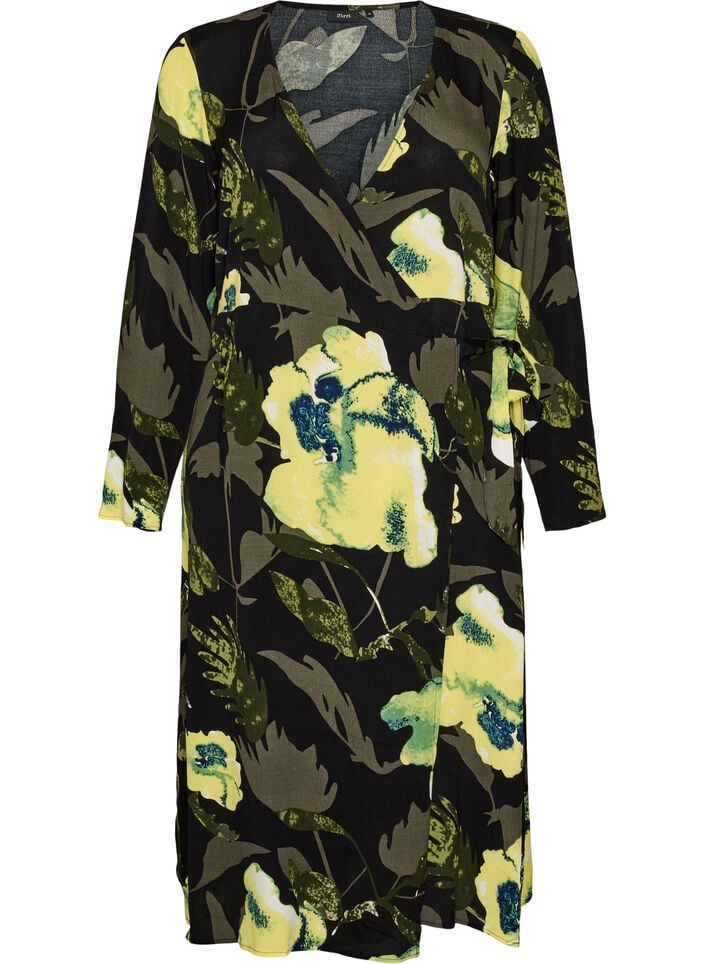 Omslagskjole med blomster i viskose med et knytebelte, Svart, Packshot image number 0