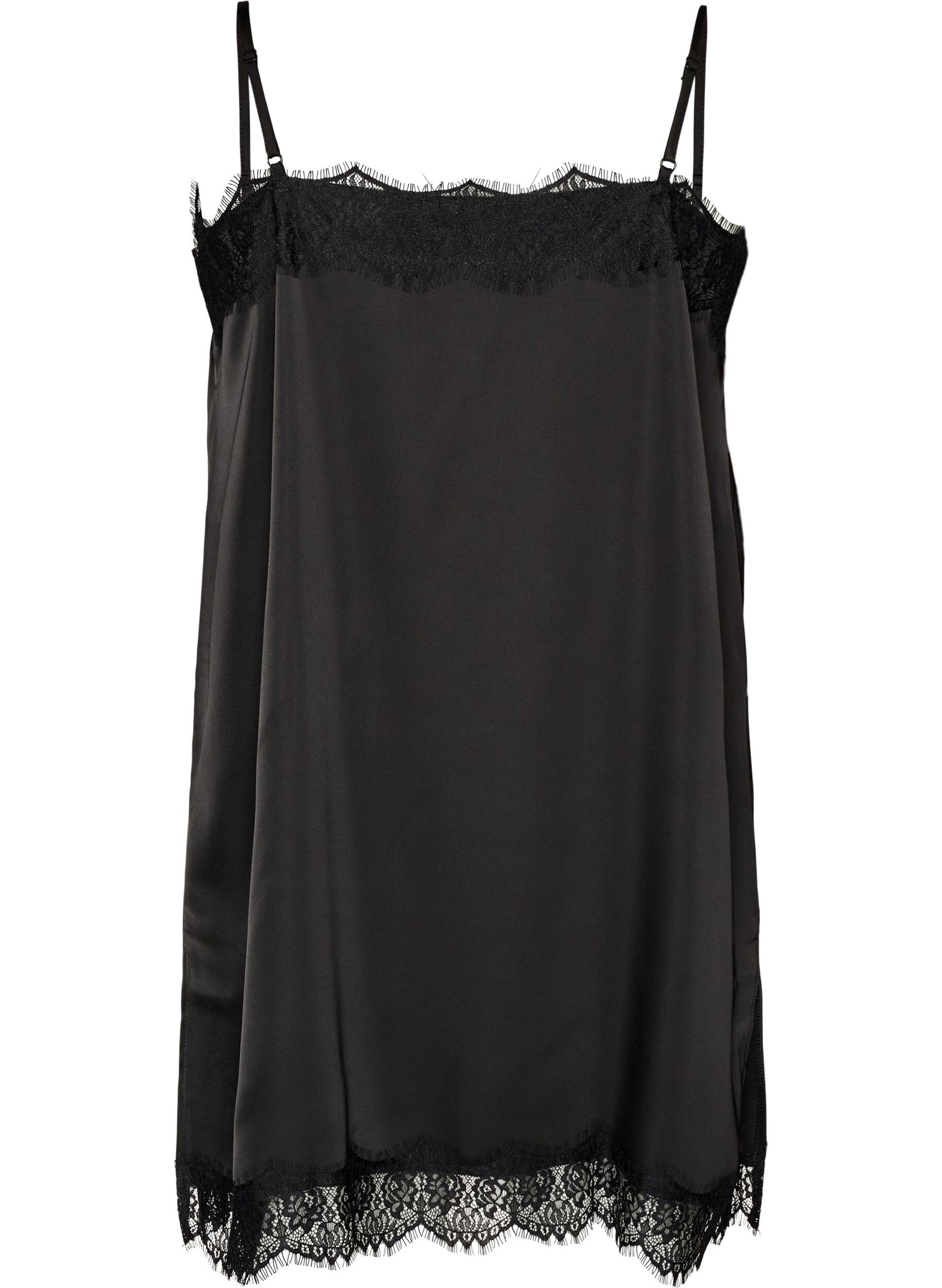 ZizziLang satintopp med blonder i kantene, Svart, Packshot image number 1
