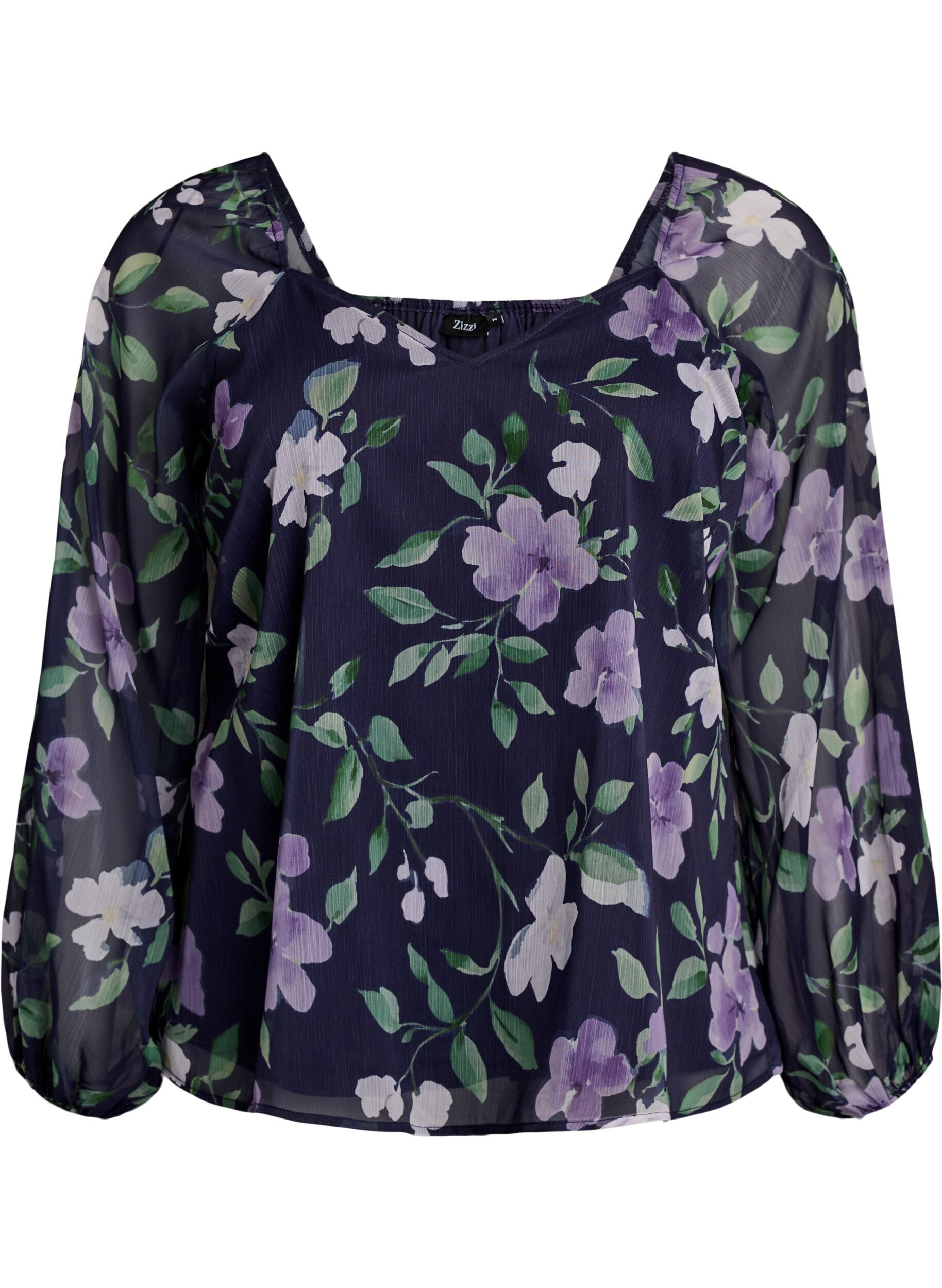 Chiffonbluse med blomstertrykk og lange ermer