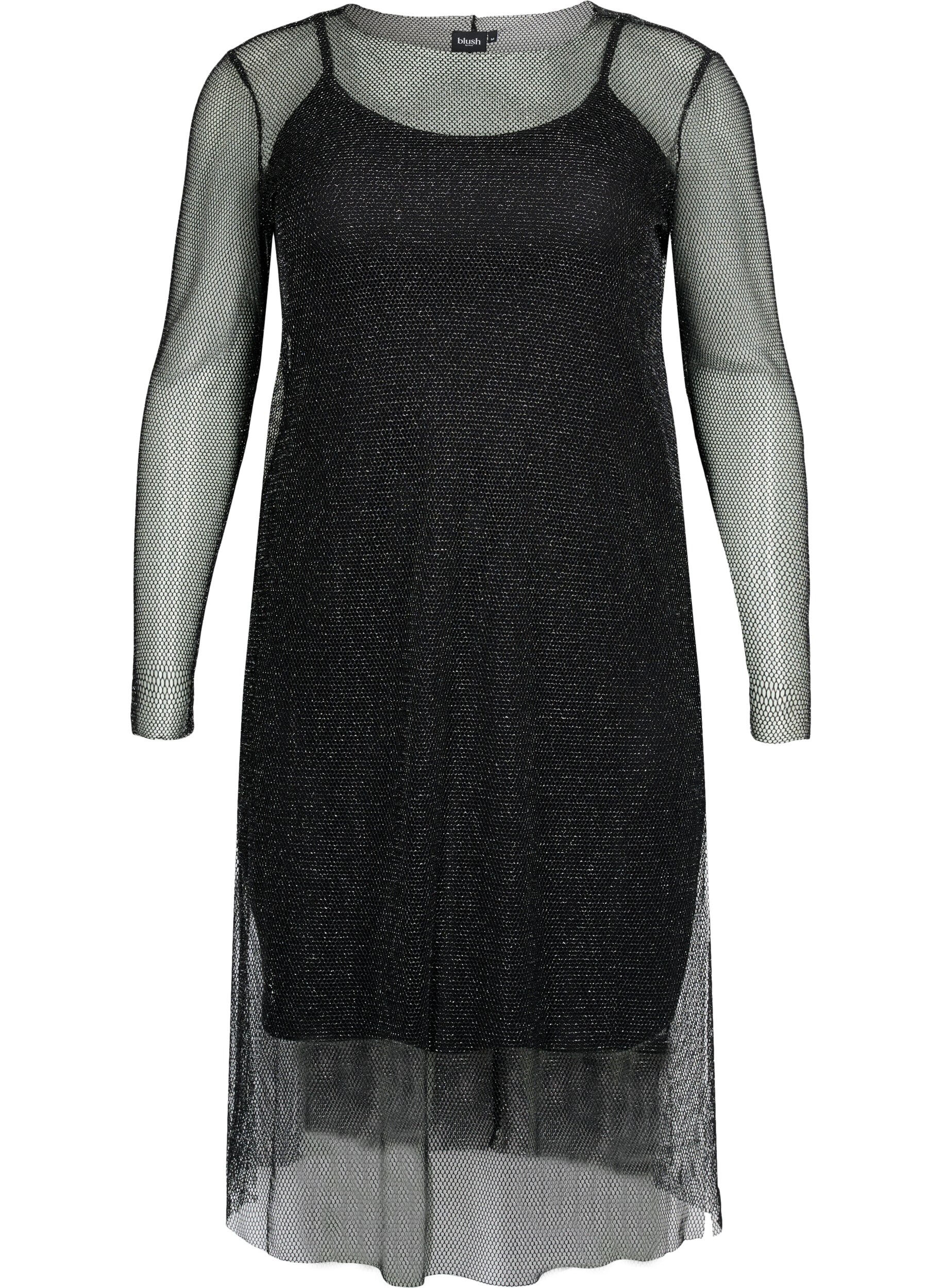 Zizzi Langermet kjole i netting, Black w. Silver, Packshot image number 0