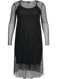 Langermet kjole i netting, Black w. Silver