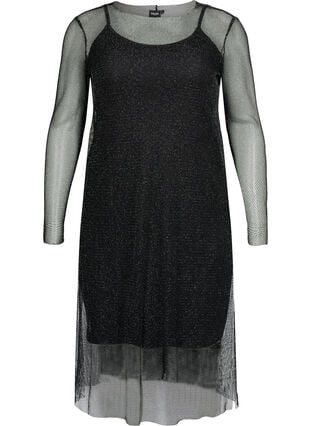 Langermet kjole i netting, Black w. Silver, Packshot image number 0