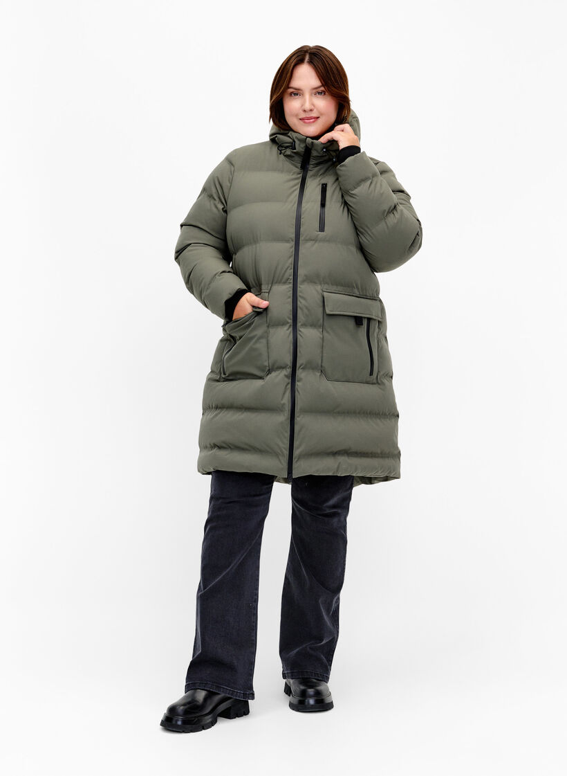 Pufferjakke med hette og lommer, Grønn, Model image number 1