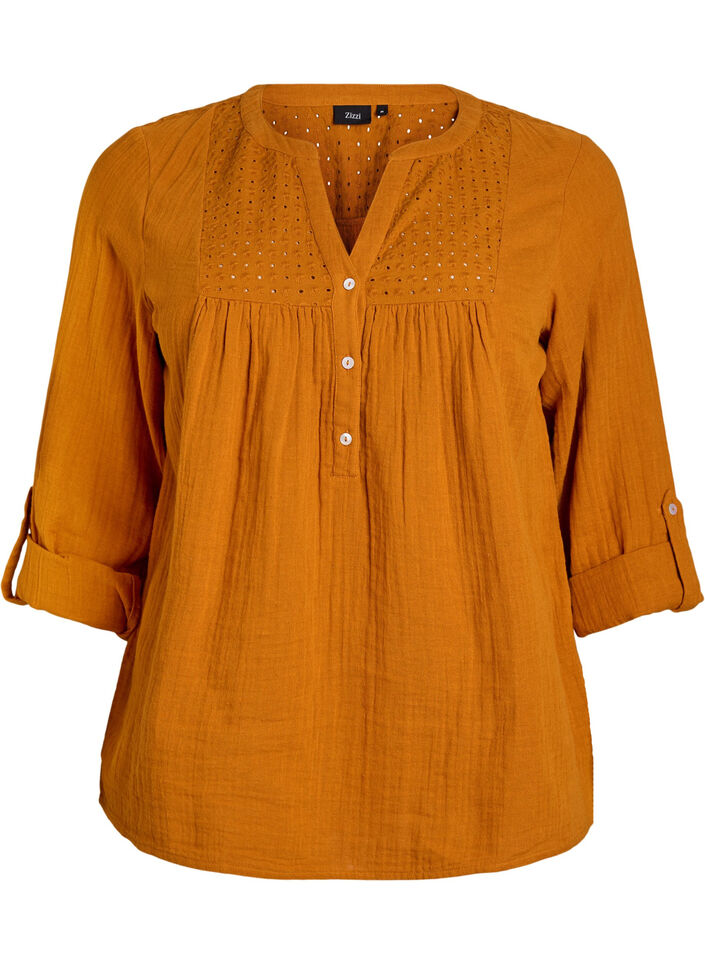 Bluse i bomullsmuslin med broderi anglaise, Orange, Packshot image number 0