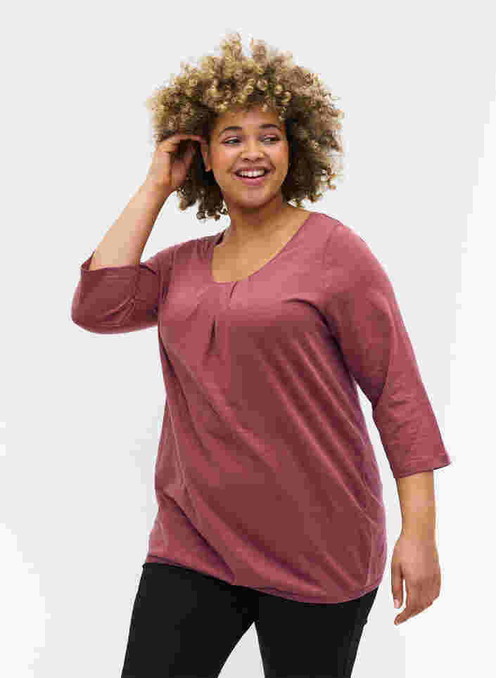 Ensfarget bluse med 3/4-ermer i bomull, Rose Brown, Model