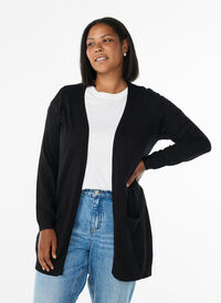 Lang strikkecardigan i viskoseblanding, Svart Lang strikkecardigan i viskoseblanding, Svart, Model