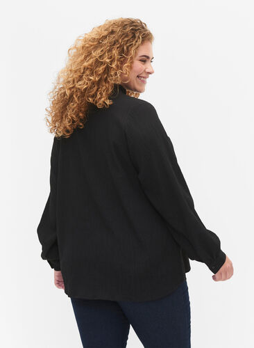 Langermet bluse med rynket krage, Black, Model image number 1