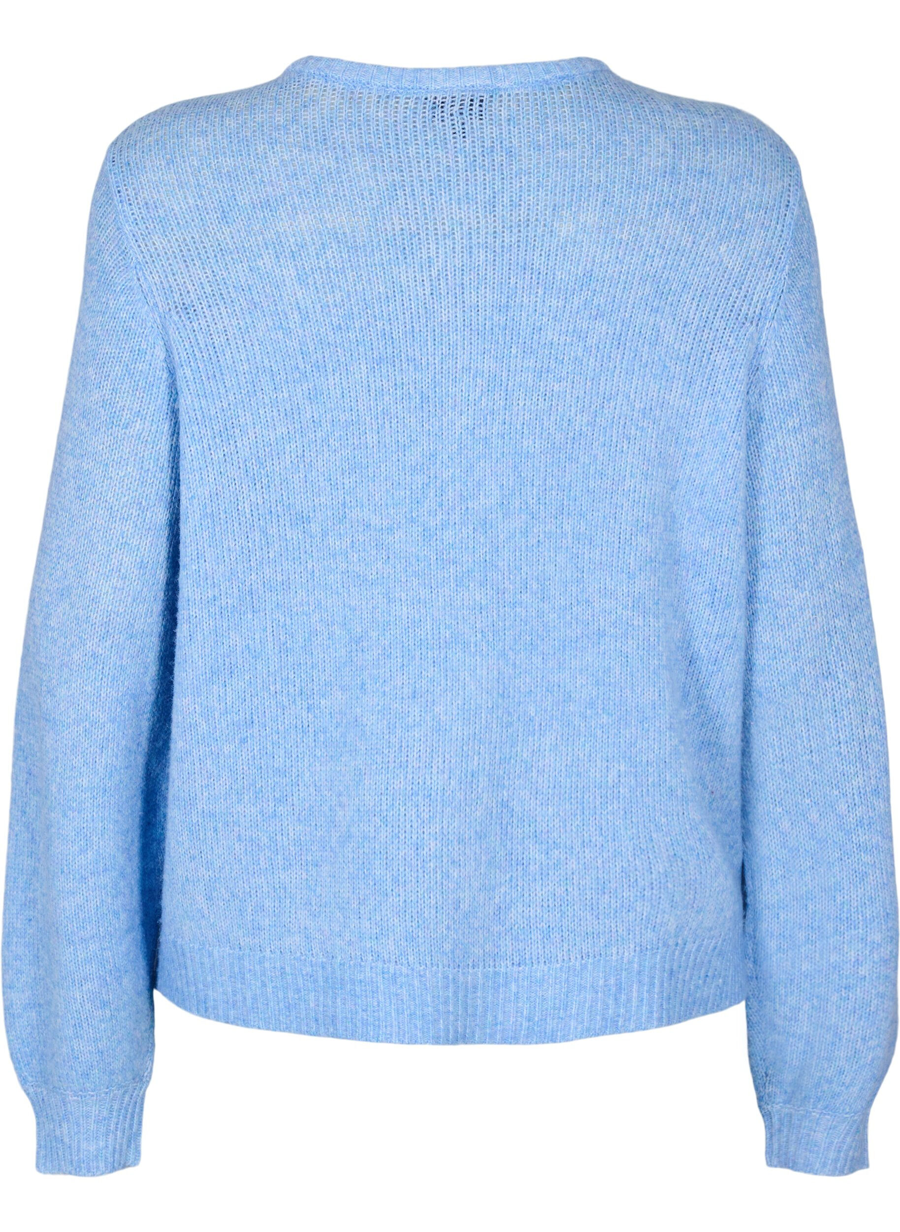 Zizzi Strikket cardigan med ull og knapper, Della R. Blue Mel., Packshot image number 1