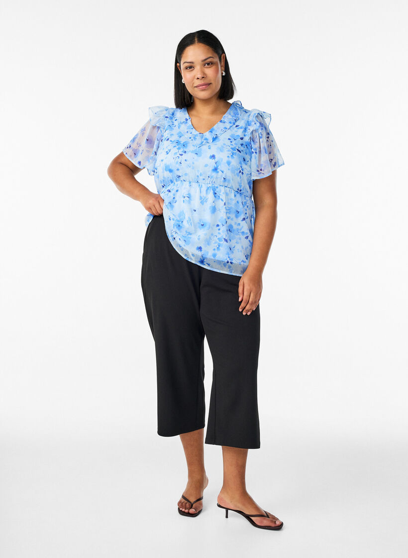 Blomstret bluse med volangkrage og peplumeffekt, Bl&aring;, Model image number 1