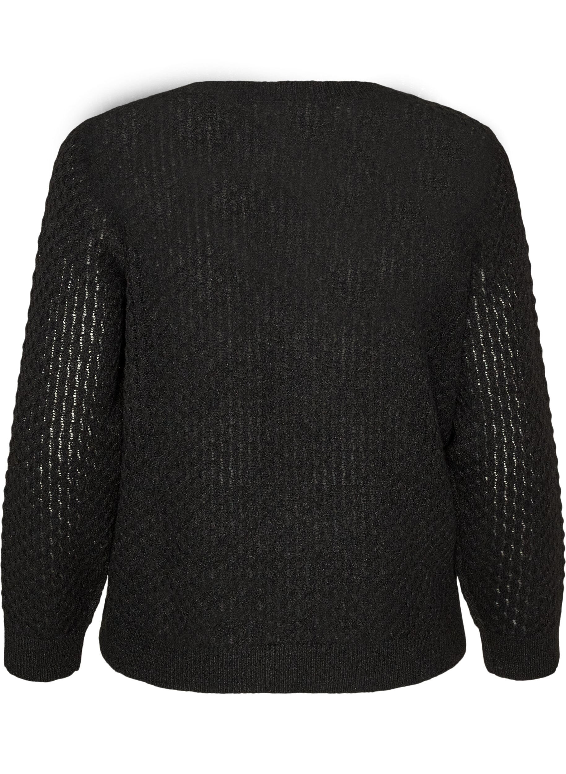 ZizziStrikkebluse med strukturert hullm&oslash;nster, Svart, Packshot image number 1