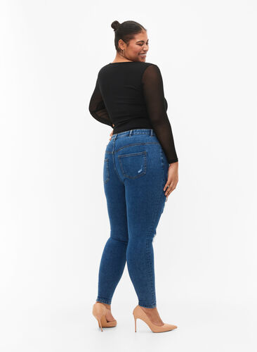 Tettsittende jeans med detaljer, Blue denim, Model image number 1