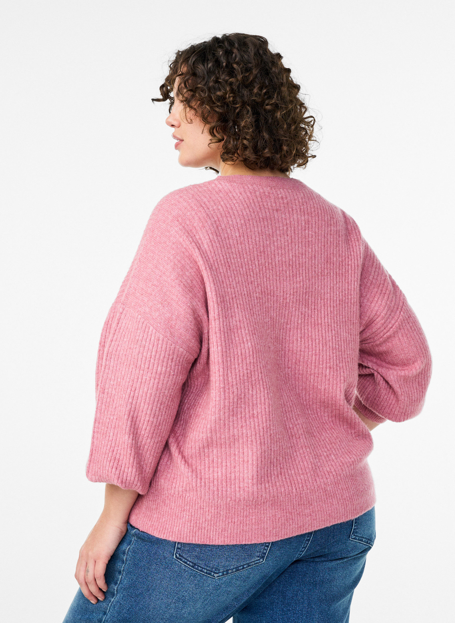 ZizziRibbestrikket cardigan med knapper, Rosa, Model image number 2