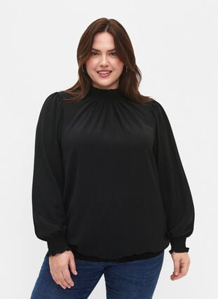 Ensfarget bluse med smokk og lange ermer, Black, Model image number 0