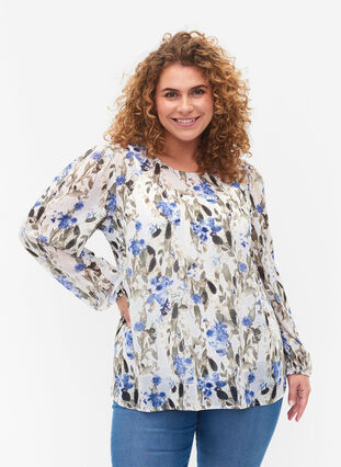 Mønstrete bluse med lange ermer, Blue Flower AOP, Model image number 0