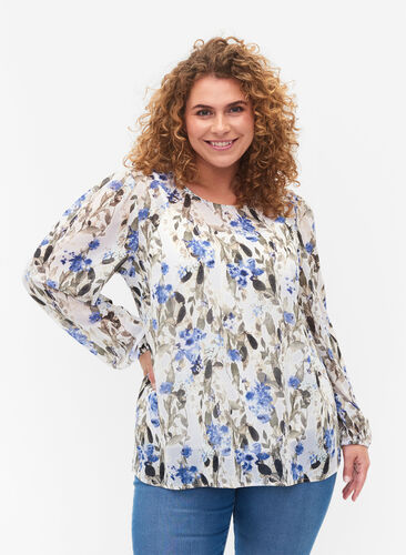 Mønstrete bluse med lange ermer, Blue Flower AOP, Model image number 0