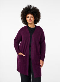 Lang cardigan med lommer, Potent Purple Mel. Lang cardigan med lommer, Potent Purple Mel., Model