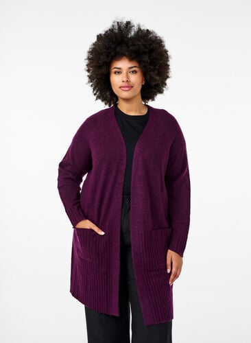 Zizzi Lang cardigan med lommer, Potent Purple Mel., Model image number 0
