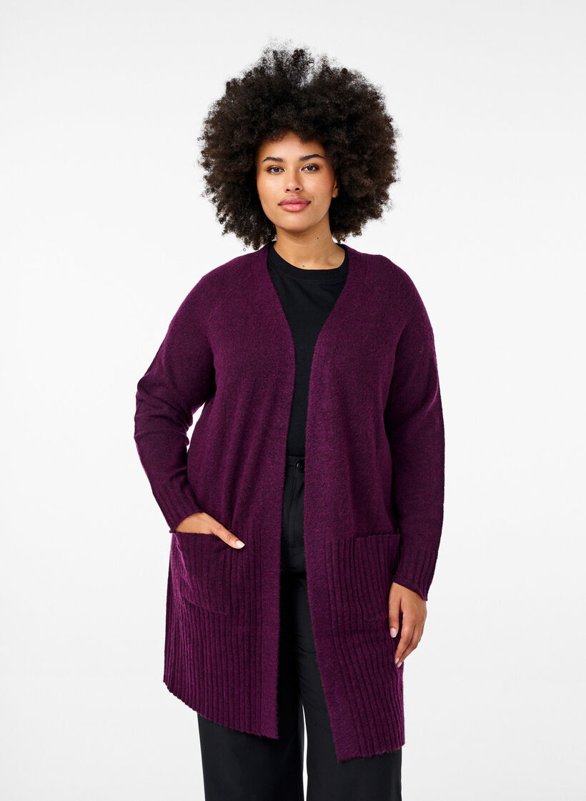 Lang cardigan med lommer, Potent Purple Mel., Model image number 0
