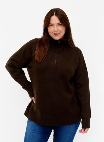 Strikket genser med glidelås, Demitasse/Black Mel., Model image number 0
