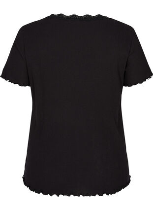 T-skjorte i ribbet struktur med blondekant, Black, Packshot image number 1