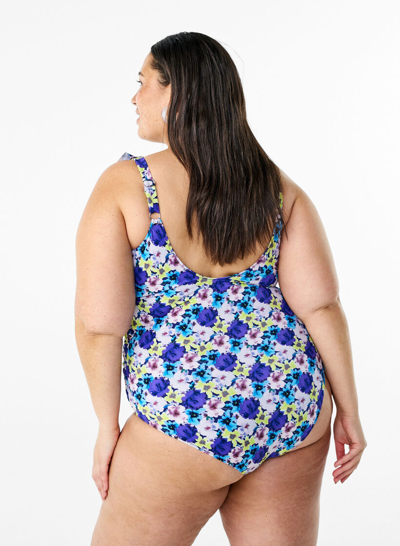 Blomstret badedrakt med volanger og avtagbare innlegg, Lilla, Model image number 2