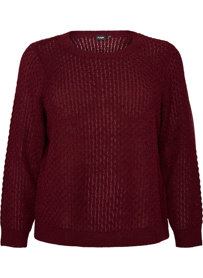 Strikkebluse med strukturert hullm&oslash;nster, R&oslash;d, Packshot image number 0