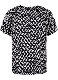 Bluse med korte ermer og V-hals, Black Graphic AOP
