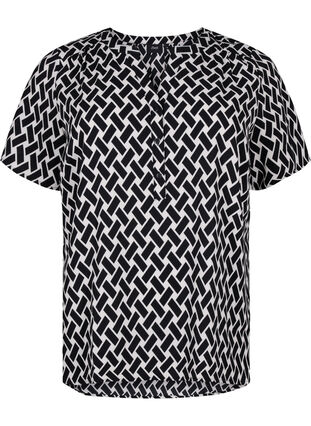 Bluse med korte ermer og V-hals, Black Graphic AOP, Packshot image number 0