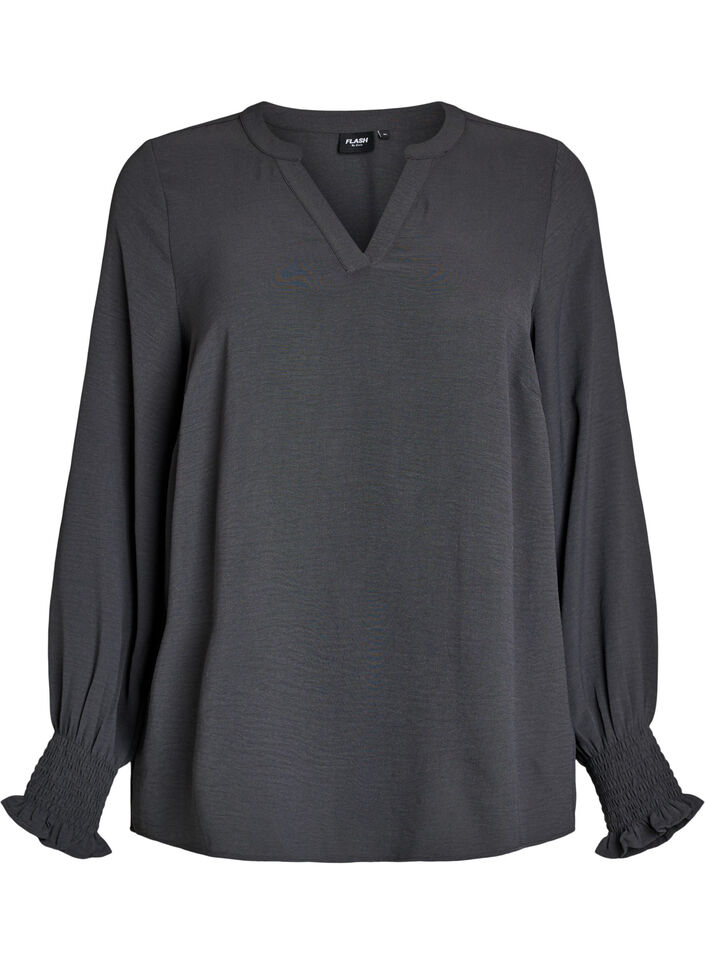 Bluse med smockmansjetter og V-hals, Gr&aring;, Packshot image number 0
